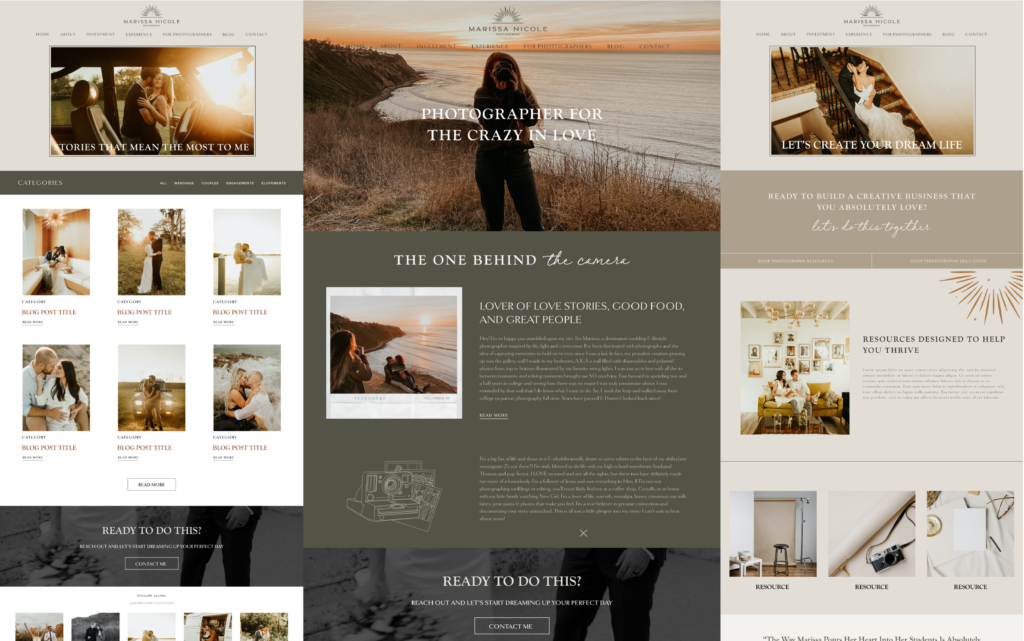 Marissa Nicole Photography's authentic, photojournalistic style is reflected through a modern and boho branding + website design.